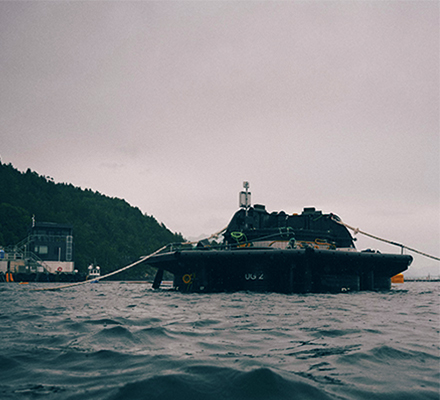 Watermoon closed containment aquaculture unit in the water.