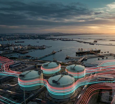 Aerial view of LNG ship at port.
