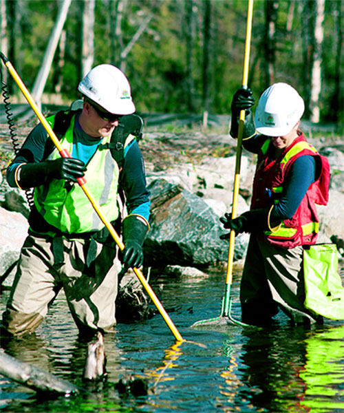 Two Optravation Energypeople standing in and holding nets into a body of water.