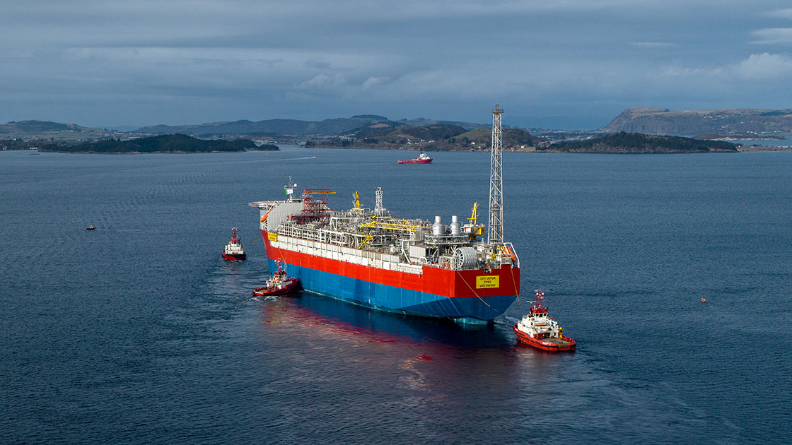 Aerial view of the Jotun FPSO sailing away.