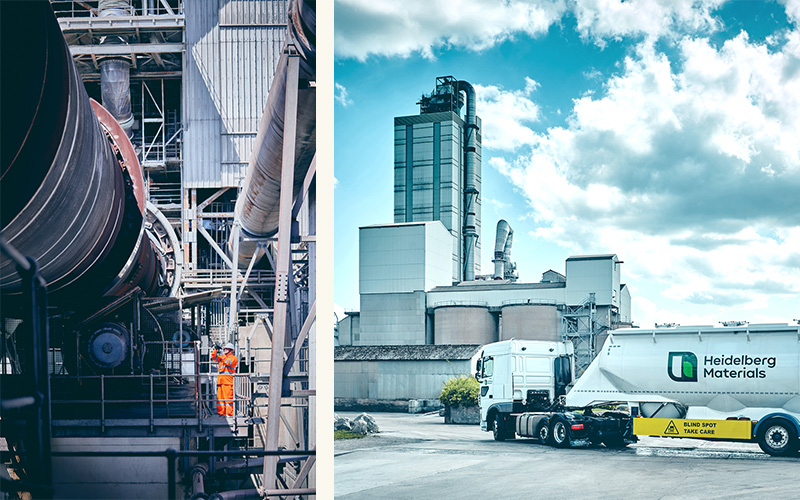 Collage of the Heidelberg Materials' site: first with man wearing orange PPE standing on a platform, second with a large materials truck stationary outside the site.