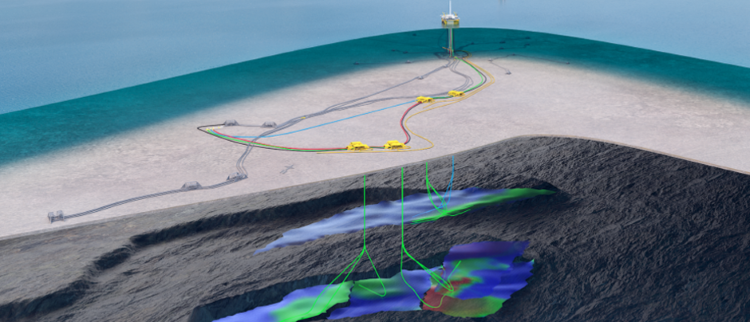 Rendering of Fram Sør subsea development with pipelines and subsea structures connected to an offshore platform.