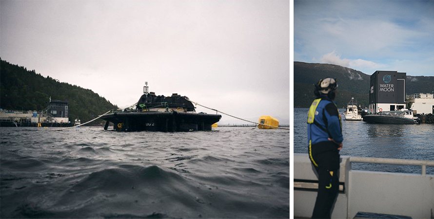 Watermoon closed containment aquaculture units shown at sea and at quay, illustrating offshore deployment and onshore fabrication and assembly.